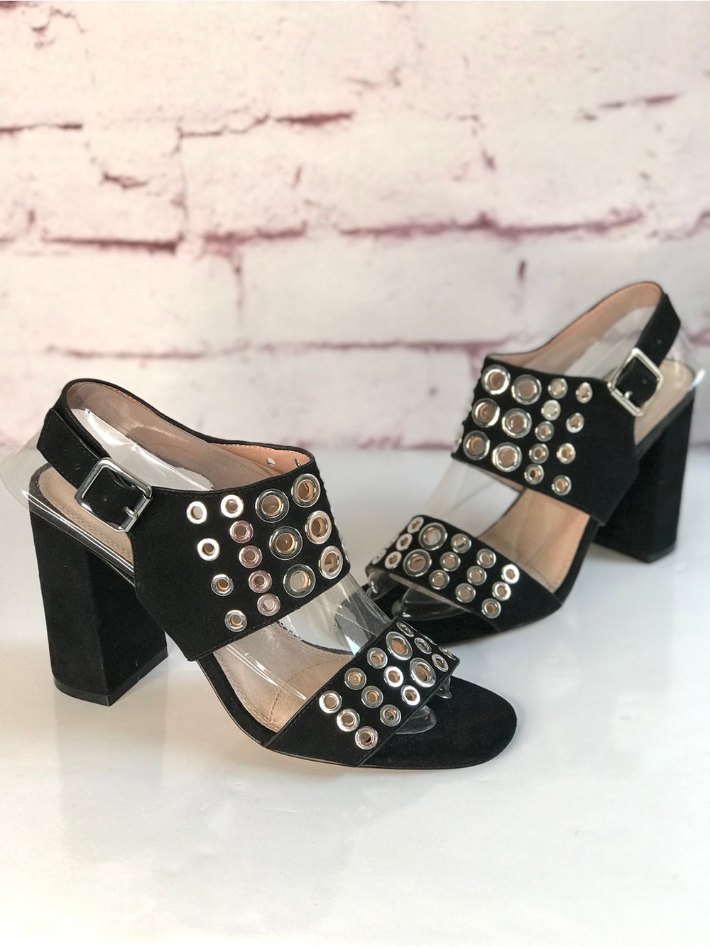 TOPSHOP Black Suede Silver Grommet Block Heel Ankle Strap Slingback Heel NWT 9.5 - Picture 13 of 16